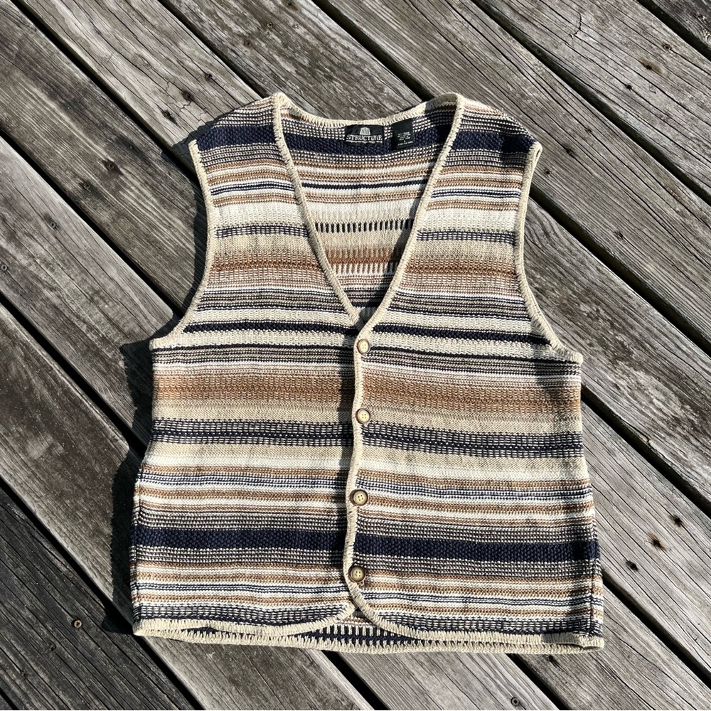 Men’s Vintage Nineties Tan Navy Striped Sleeveless Sweater Vest Unisex Size L